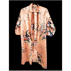 NWOT Juguemm Asian Pink Satin Robe with Asian art print and waist tie.